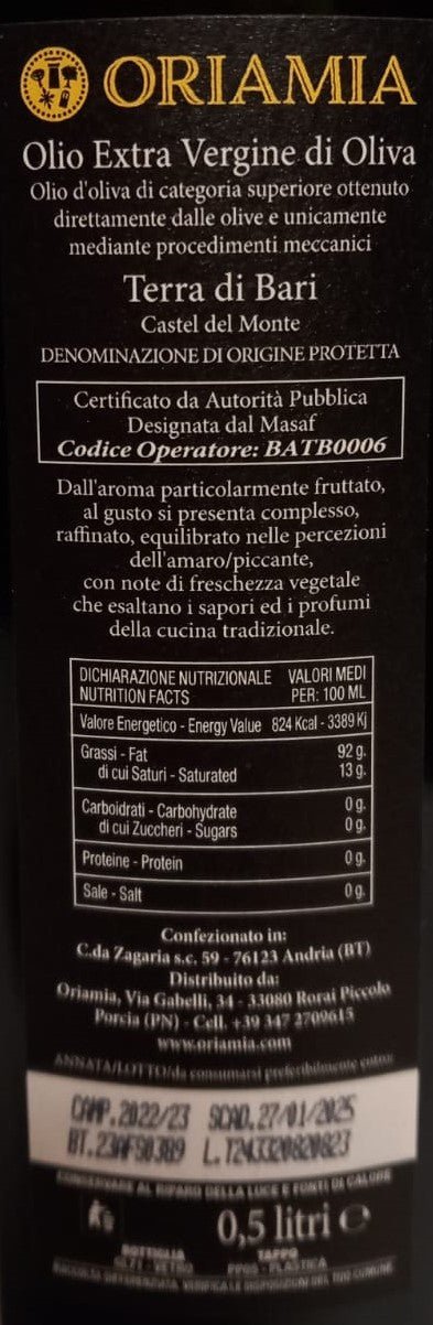 Bottiglia olio d'oliva extravergine d'oliva Oriamia da 0,5L - Quality.it